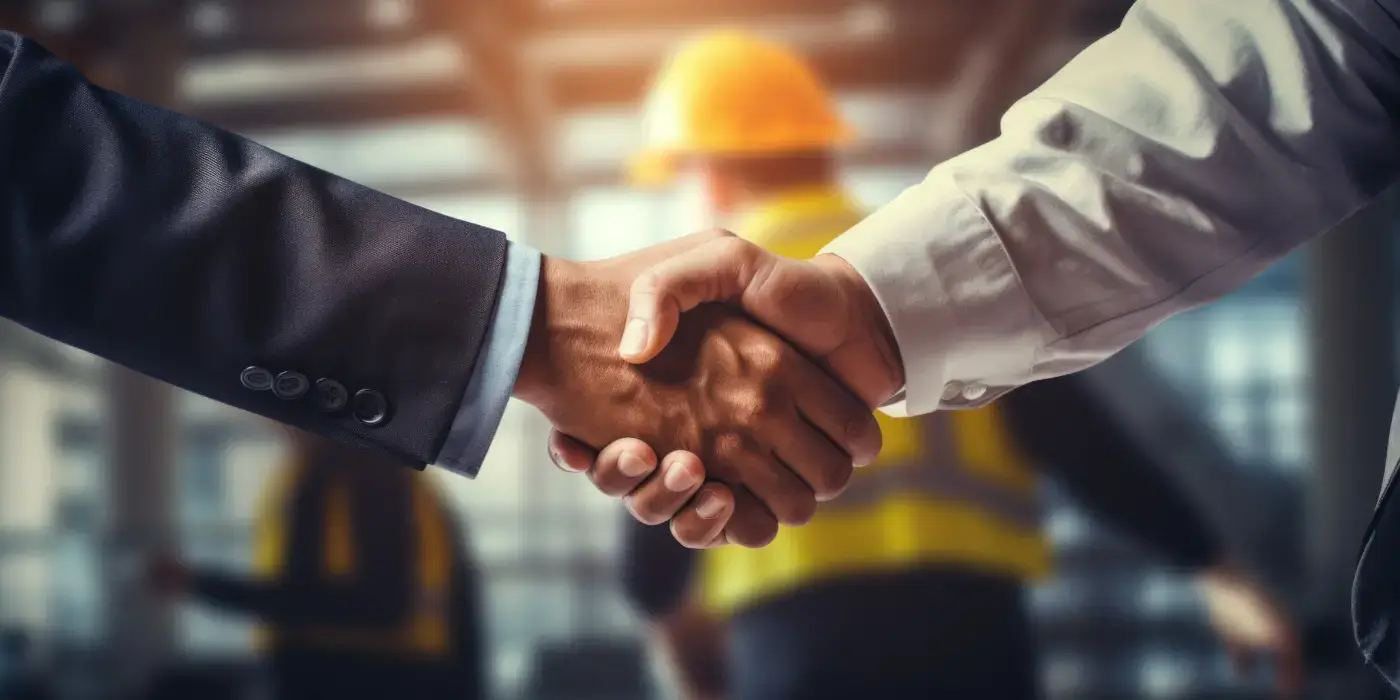 two construction workers shake hands